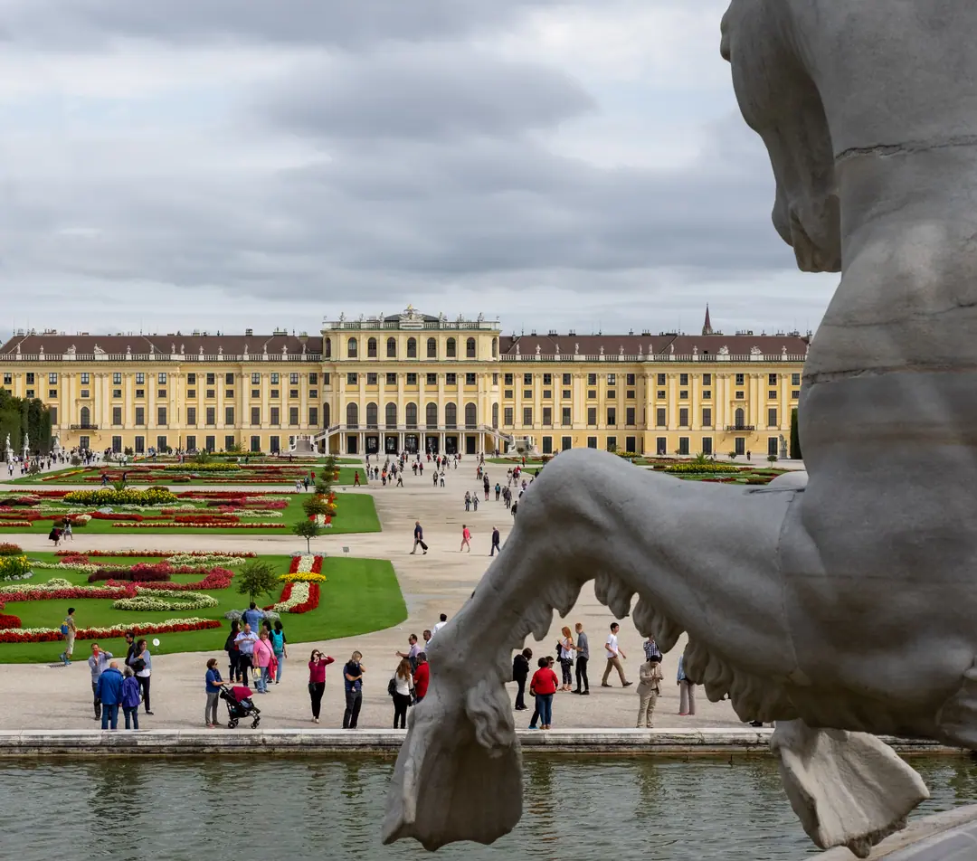 Schönbrunn Palace seen from behind the Neptune Fountain in Vienna