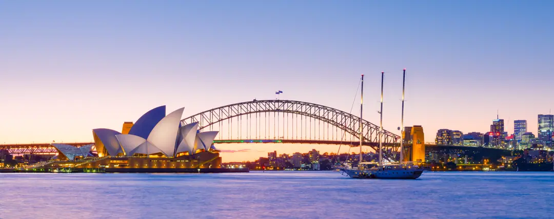 The Sydney Opera House and Sydney Harbour Bridge seen together at dusk